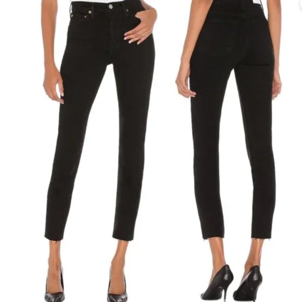 NWT Re/Done High Rise Ankle Crop Stretch Raw Hem Jean Black Women's Size 25